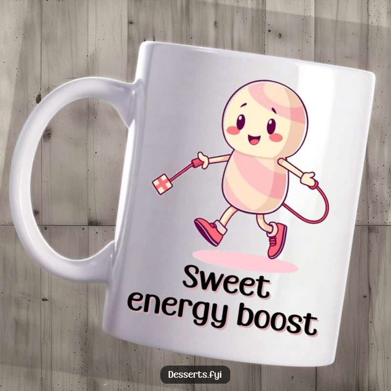 Funny Candy Mug: An energetic candy character joyfully skips rope using a long licorice string, showcasing sweet, playful activity.