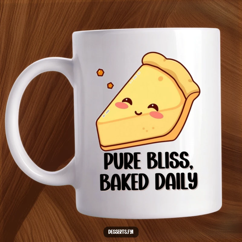 Funny pie mug featuring a content pie slice with a golden crust sighing happily, radiating warmth and delicious satisfaction.