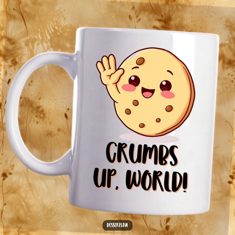 Funny mug featuring a cute cookie character with a big smile, cheerfully waving hello, ready to spread happiness and laughter.