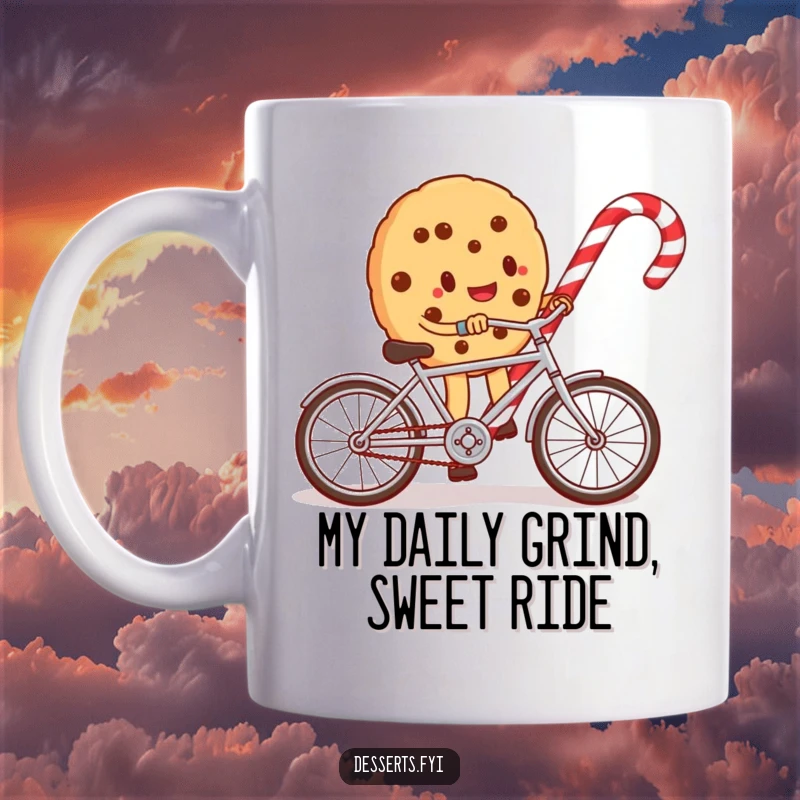 Funny mug featuring a whimsical cookie character joyfully cycling a tiny bike around a striped candy cane, capturing playful energy.