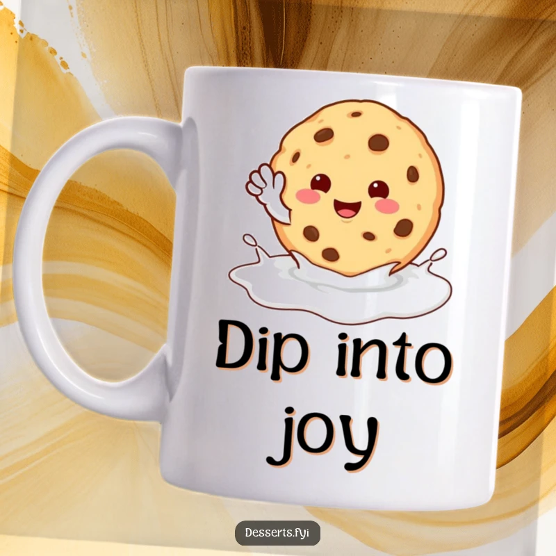 Funny Mug: A happy cookie character waves cheerfully from within a cool milk puddle, exuding friendly humor.