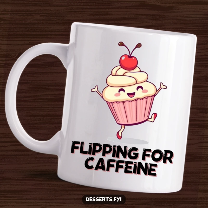 Funny mug showing a smiling cupcake with a cherry on top doing a cartwheel, full of sweet joy and energetic movement.