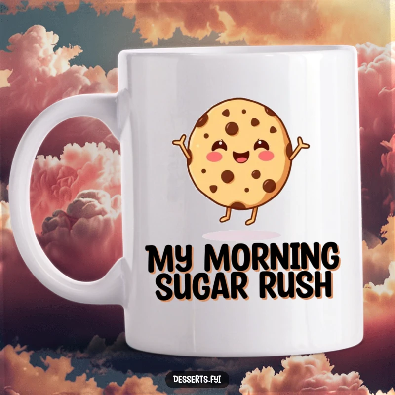 Funny cookie mug featuring a happy, dancing chocolate chip cookie with a wide smile and energetic poses, spreading pure joy.