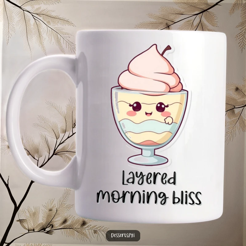 Funny mug showing a giggling parfait character peeking joyfully out from its glass, embodying sweet delight.