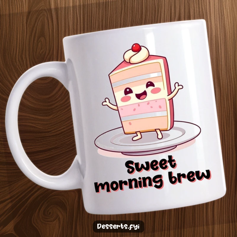 Funny mug featuring a smiling slice of cake character joyfully doing a little dance on a plate, embodying pure dessert-themed happiness.