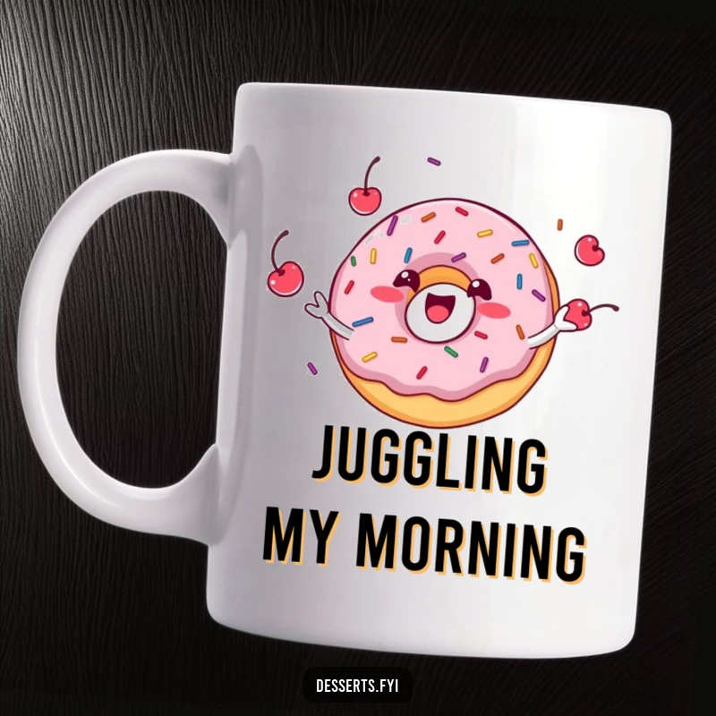 Funny delighted donut character expertly juggling colorful sprinkles and bright cherries with a wide grin on a mug.