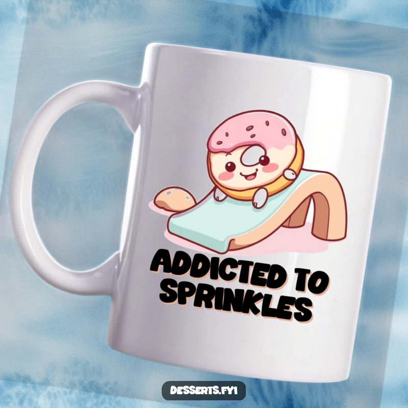Funny donut mug with colorful frosting, gleefully sliding down a slide, bringing a cheerful and playful vibe to your coffee break.