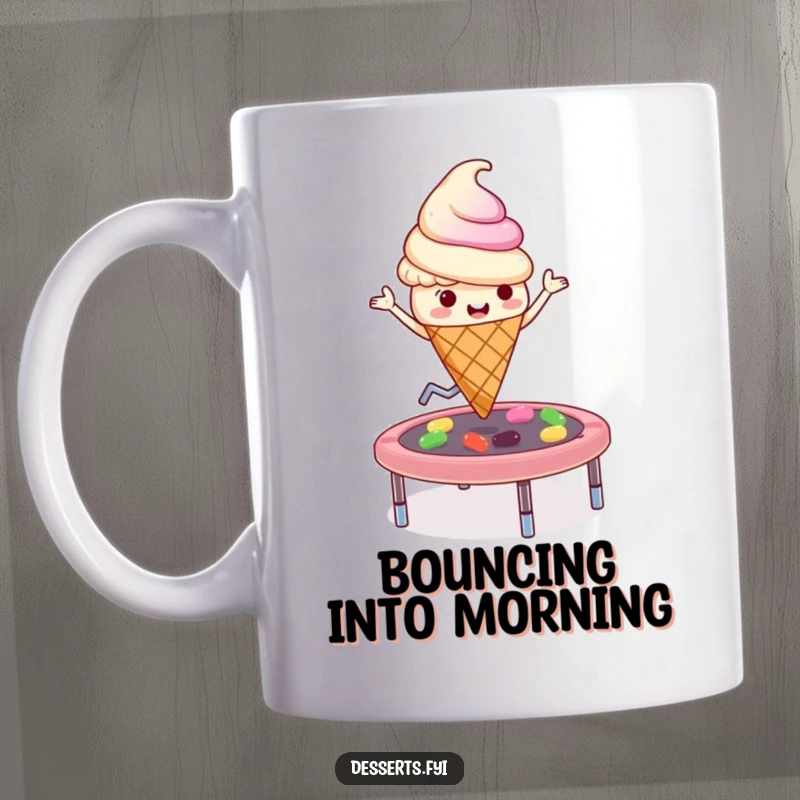 Funny playful ice cream cone character enthusiastically bouncing high on a colourful jelly bean trampoline on a mug.