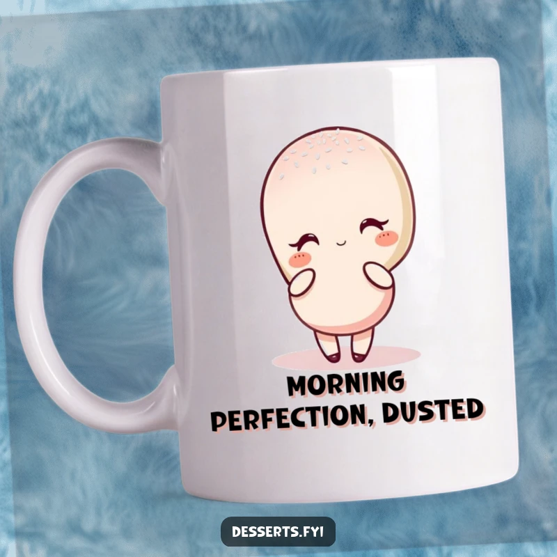 Funny mug featuring a charming macaron character striking an elegant pose, beautifully dusted with sugar, embodying sweet sophistication.