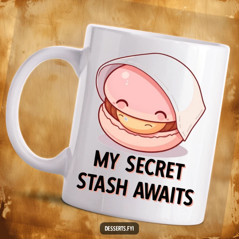 Funny macaron mug with a playful macaron peeking from under a napkin, showing its delicious filling, perfect for pastry lovers.