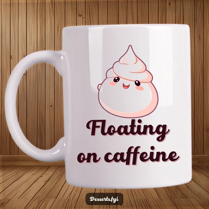 Funny Meringue Float Mug featuring a bubbly meringue character happily floating in the air, embodying sweet lightness and humor.