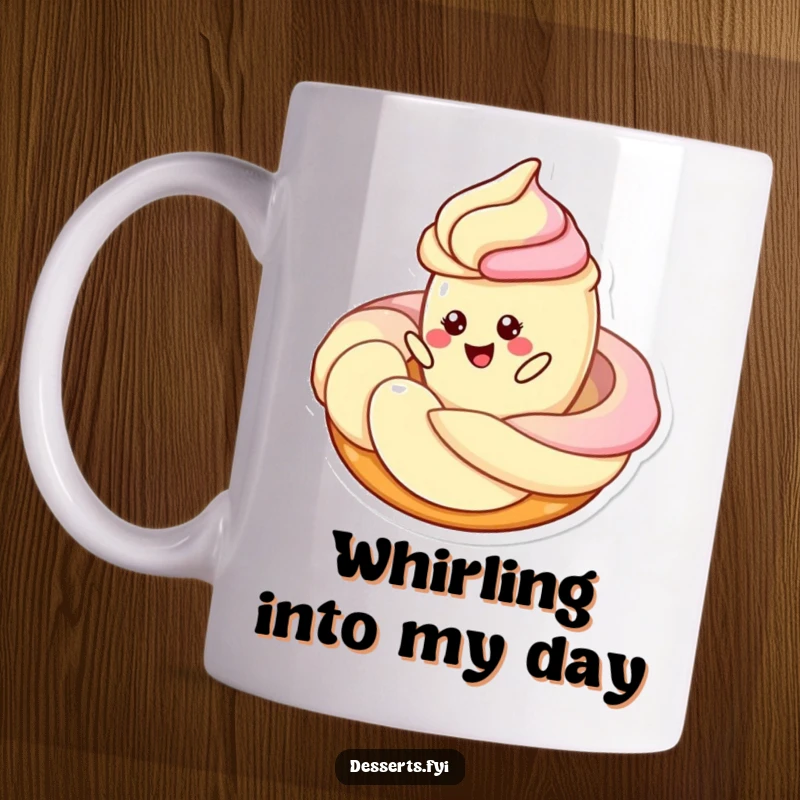 Funny mug featuring a cheerful pastry character joyfully twirling around a generous swirl of creamy frosting, embodying pure delight.