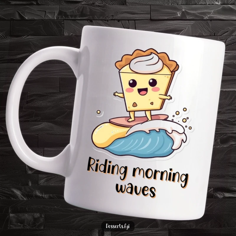 Funny happy slice of pie character confidently surfing on a creamy wave of custard on a mug, pure dessert bliss.