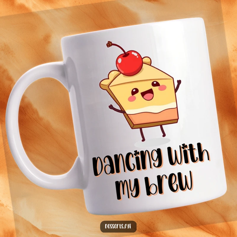 Funny mug showing a joyful slice of pie with a cherry on top doing a happy little dance.