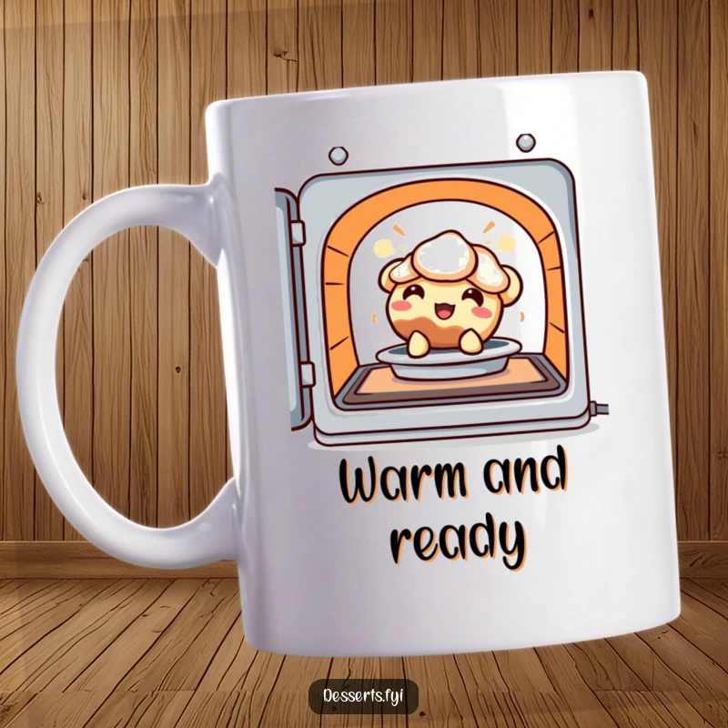 Funny Pie Mug: A delighted pie character joyfully peeks out from a warm, inviting oven, embodying sweet anticipation.