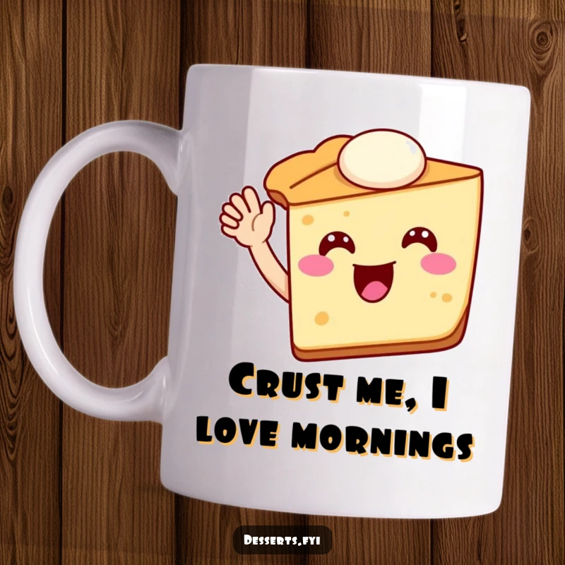 Funny pie slice mug featuring a happy, waving pie character, conveying warmth and a delicious sense of humor.