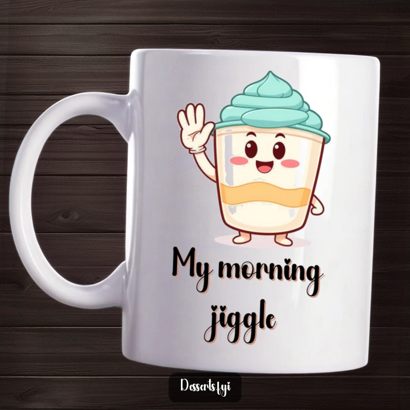 Funny mug featuring a cute pudding cup character giving a friendly and cheerful salute, radiating happiness and fun.