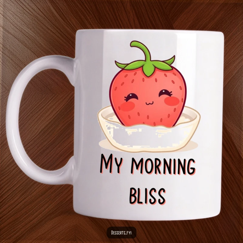 Funny mug featuring a content strawberry with a tiny smile enjoying a relaxing bath of cream, symbolizing pure bliss and sweet indulgence.