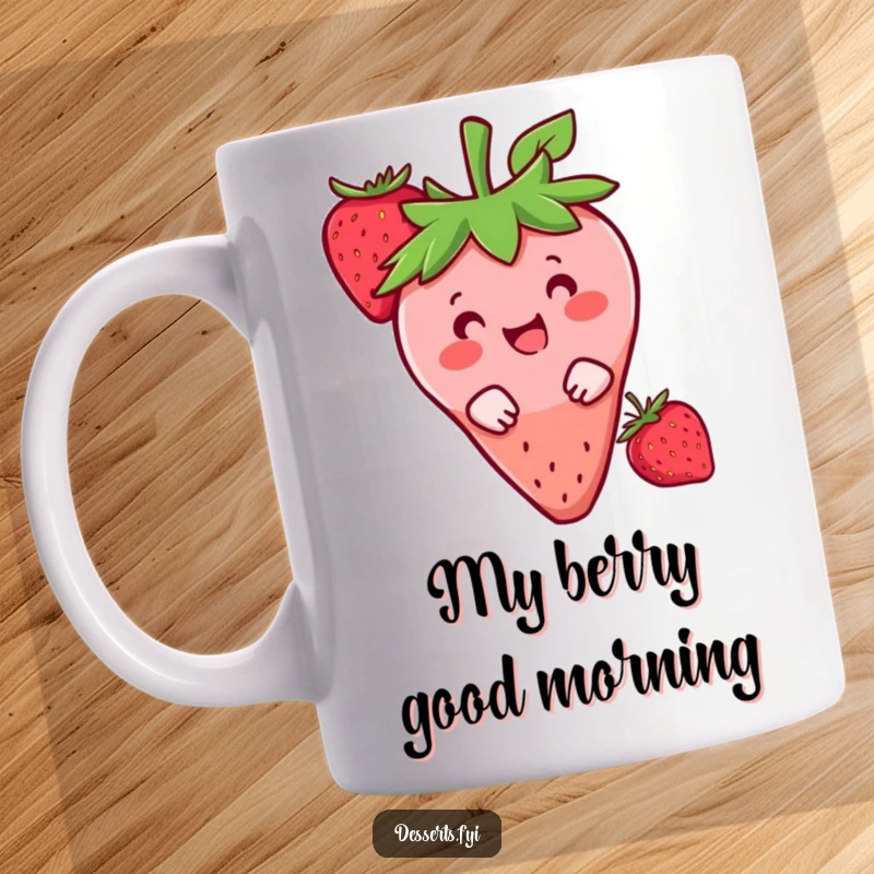 Funny mug featuring a happy strawberry character playfully peeking from behind another berry, showing a shy and cute demeanor.