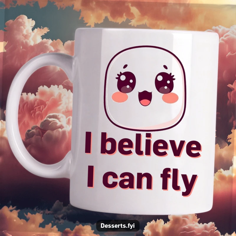 Funny mug featuring a surprised marshmallow floating upwards with wide, happy eyes, showcasing a moment of pure, delightful astonishment and whimsy.