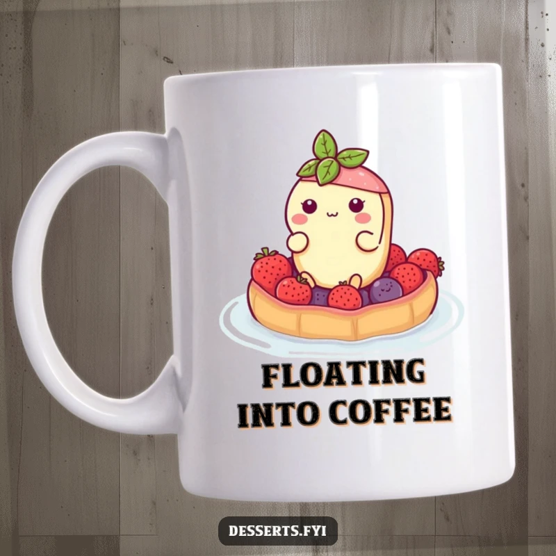 Funny mug featuring a buoyant tart character happily floating on a raft made of colorful berries, embodying a sense of sweet adventure.