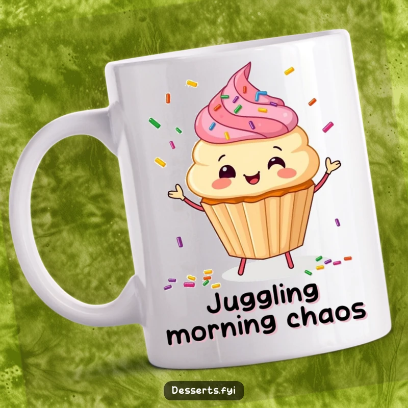 Funny Mug: A happy cupcake character playfully juggles colorful sprinkles, embodying cheerful, sweet fun.