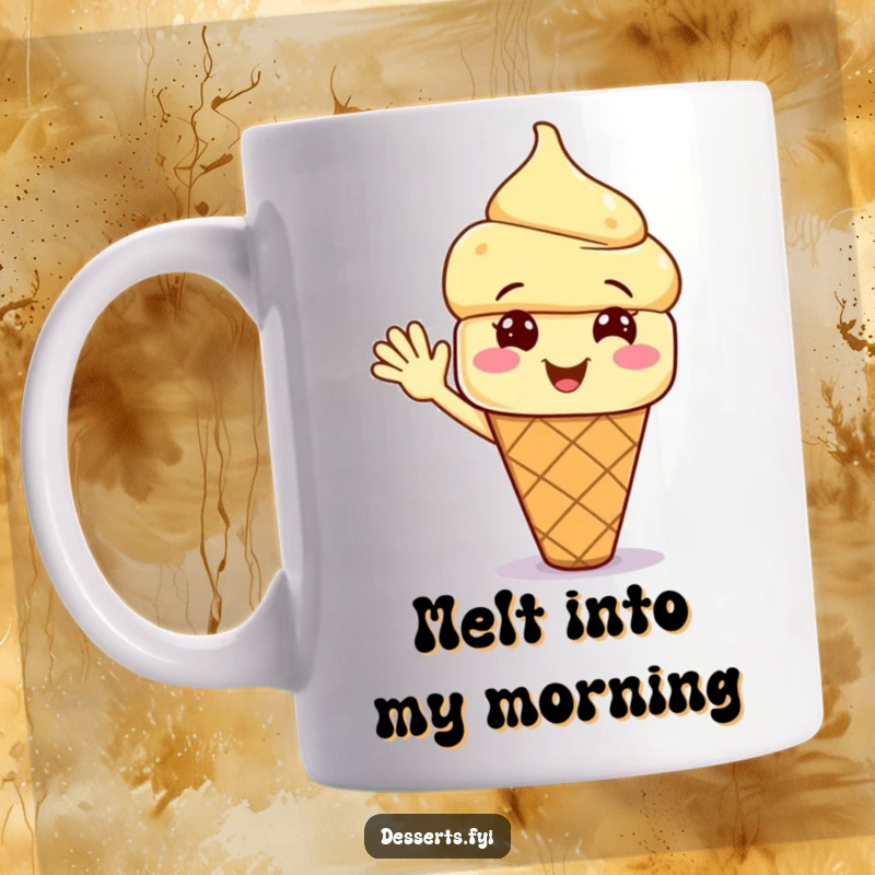Funny ice cream cone mug with a smiling character excitedly waving, a delightful and humorous gift for anyone who loves sweet treats.