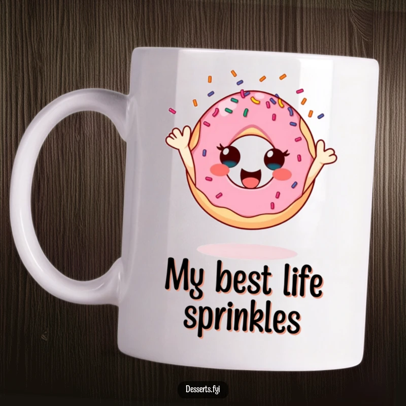 Funny donut character mug, happily tossing colorful sprinkles into the air, embodying pure glee and a love for sweet treats.