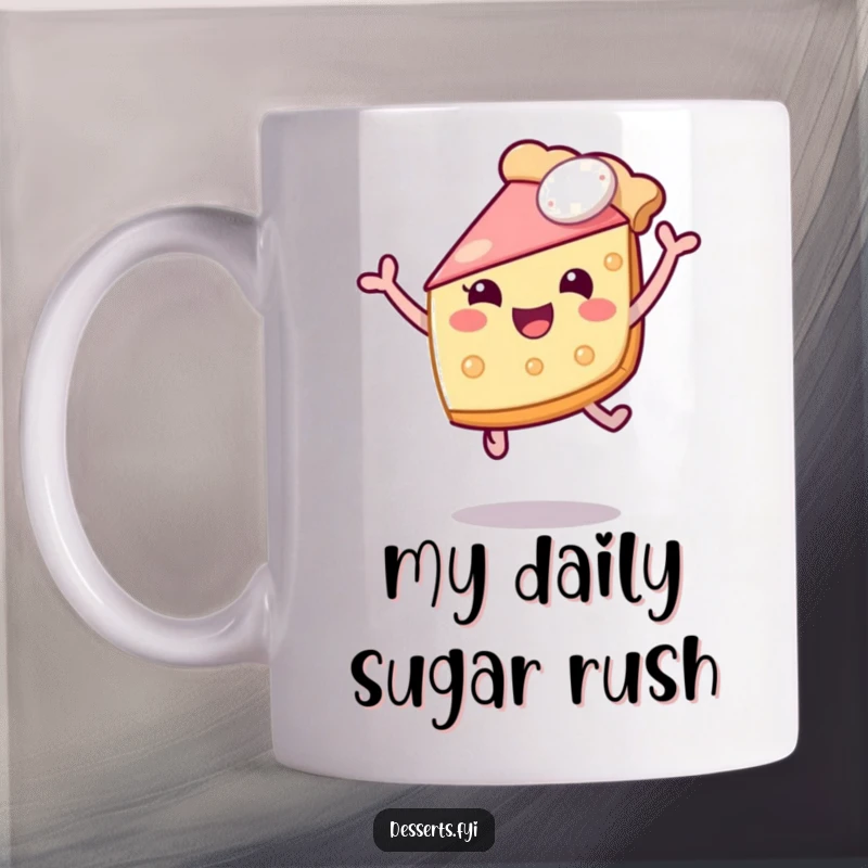 Funny mug featuring a cheerful slice of pie mid-air, leaping with pure, unadulterated joy. Perfect for anyone who loves a happy, food-themed design.