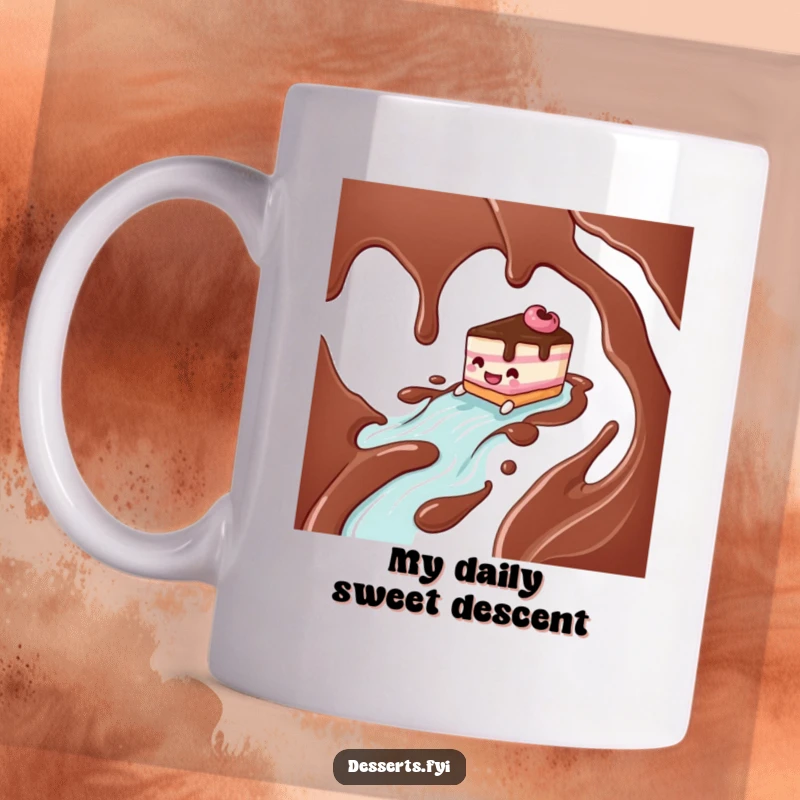 Funny cake character gleefully sliding down a chocolate syrup river on a mug, expressing pure dessert delight.