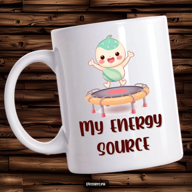 Funny mug with a colorful candy character joyfully bouncing high on a sticky taffy trampoline, bringing laughter and sweetness.