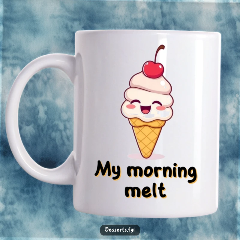 Funny ice cream cone mug, a dessert with a cherry on top giggling and bouncing with delight, embodying pure joy and sweet happiness.