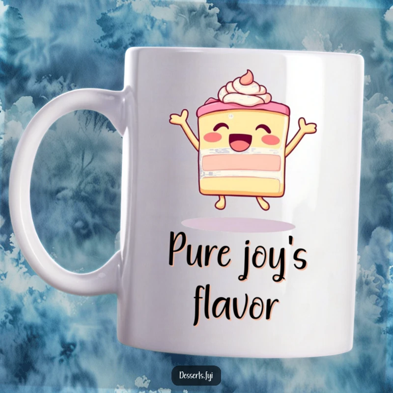 Funny leaping piece of cake with ecstatic frosting illustration on a mug, conveying pure dessert joy, perfect funny gift.