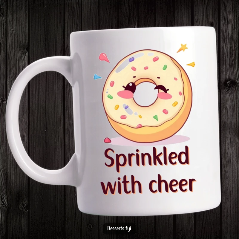 Funny Mug: A joyful donut character winks and sprinkles colorful candy dots, radiating sweet and humorous charm.