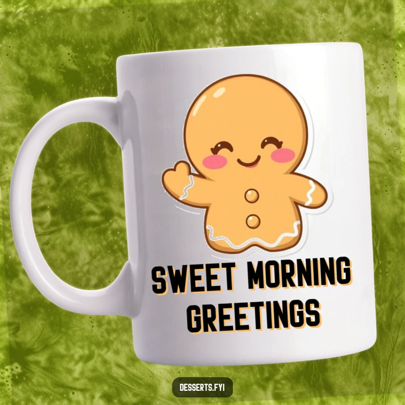 Funny mug featuring a winking gingerbread cookie giving a cheerful wave, radiating holiday spirit and playful friendliness, perfect for a joyful sip.