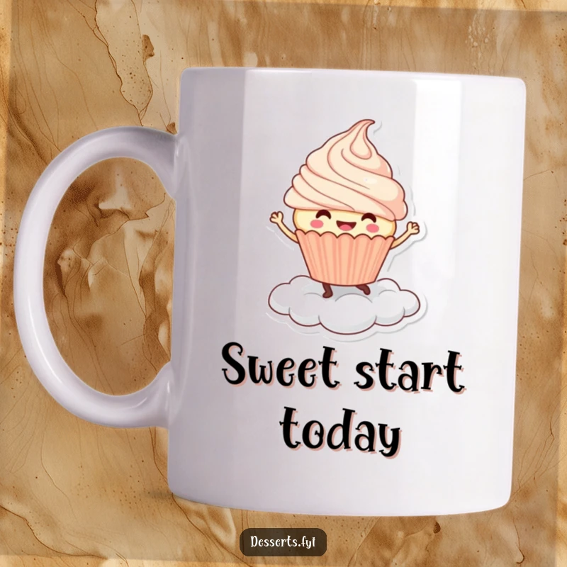 Funny Mug: A smiling cupcake character joyfully dances on a fluffy whipped cream cloud, radiating pure happiness and humor.