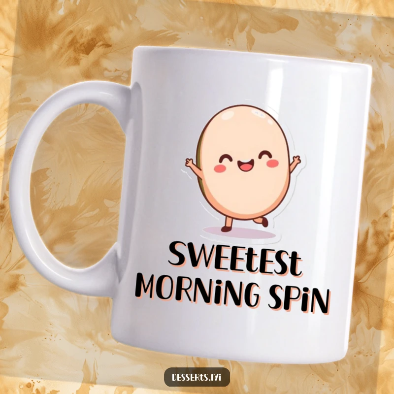 Funny Macaron Twirl Mug featuring a delighted macaron character gracefully twirling, embodying sweet joy and pastry-themed humor.