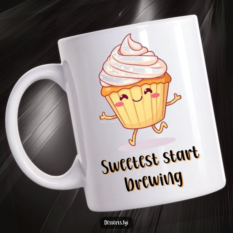 Funny cupcake mug, a smiling dessert with tiny legs happily skipping with frosting on its head, embodying sweet joy and playful energy.