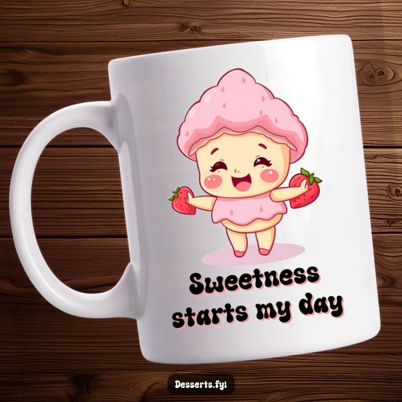 Funny mug featuring a giggling strawberry shortcake doing a happy little spin, radiating pure joy and dessert delight.