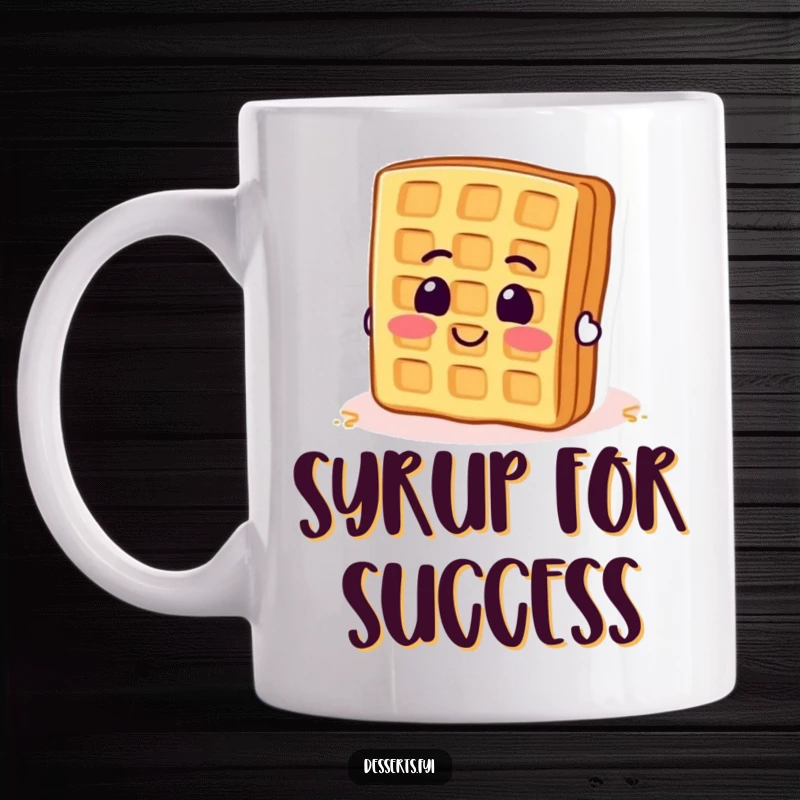Funny mug showing a smiling waffle with determined enthusiasm attempting to flip itself over. Hilarious breakfast art.