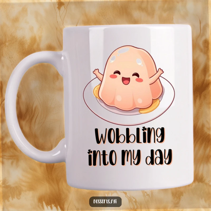 Funny wobbly jelly character mug, joyfully bouncing with delight on a plate, embodying pure, jiggly happiness.