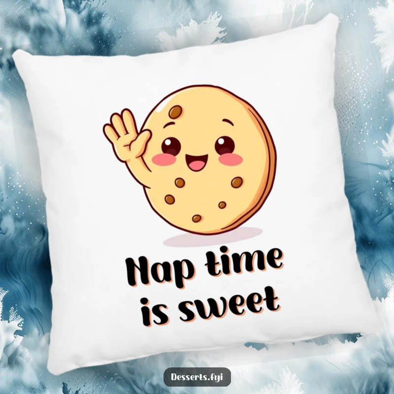Funny pillow featuring a soft cookie character with a cheerful wave, offering comfort and a humorous, delightful decorative touch.