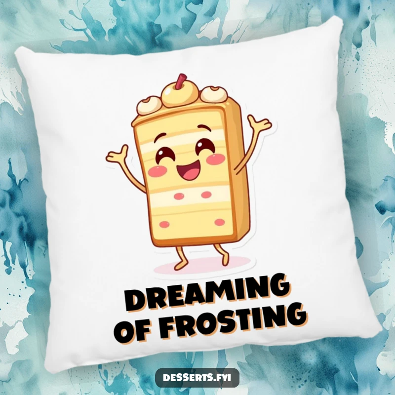 Funny pillow with a cheerful cake slice character doing a silly dance, adding comfort and festive cheer.