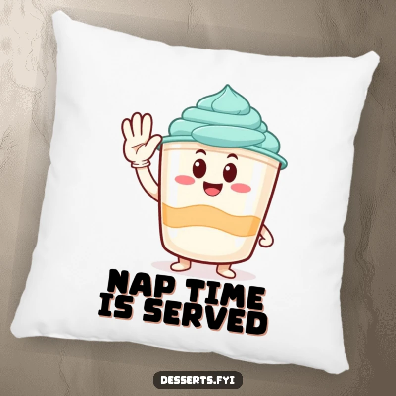 Funny pillow with a happy pudding cup character offering a cheerful salute, adding comfort and fun to any seating area.