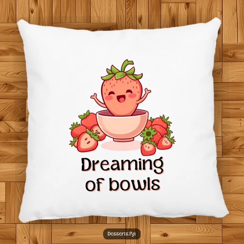Funny strawberry pillow with a jovial strawberry jumping into a bowl, perfect for adding fruity comfort and cheer to any space.