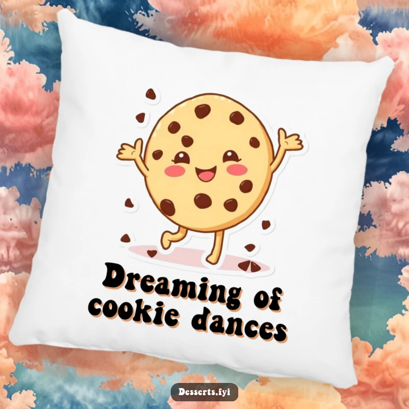 Funny cookie pillow, a cute character dancing with chocolate chips, offering comfort and a dose of sweet cheer.
