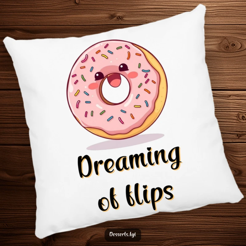 Funny Pillow: A delighted donut with sprinkles doing a joyful somersault, bringing comfort and sweetness.
