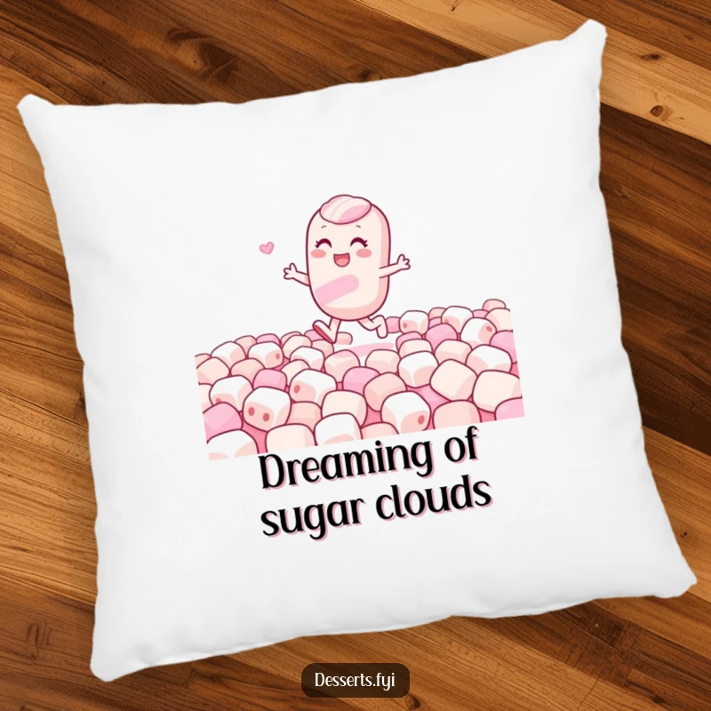 Funny pillow featuring a gleeful candy character skipping through a marshmallow field, designed for comfort and a touch of sweet humor.