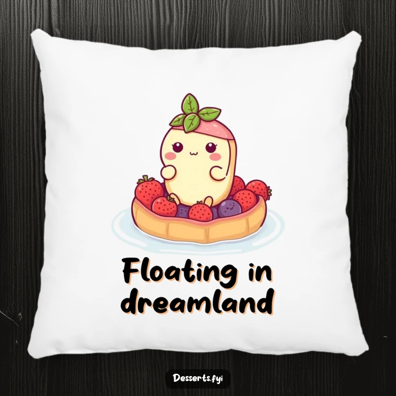 Funny pillow with a buoyant tart character floating on a berry raft, designed for comfort and a touch of sweet, humorous relaxation.