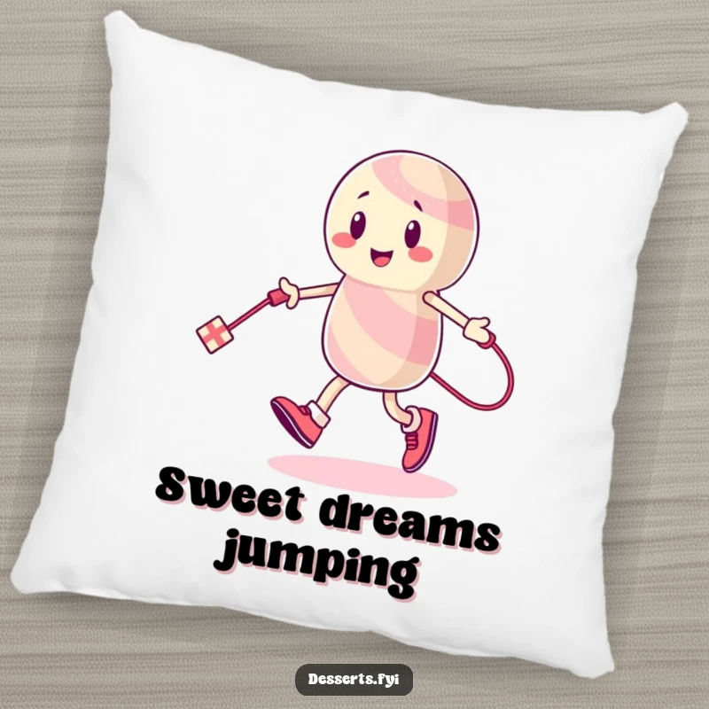 Funny Pillow: An energetic candy character skips rope using a licorice string, offering comfort and a dose of sweet humor.